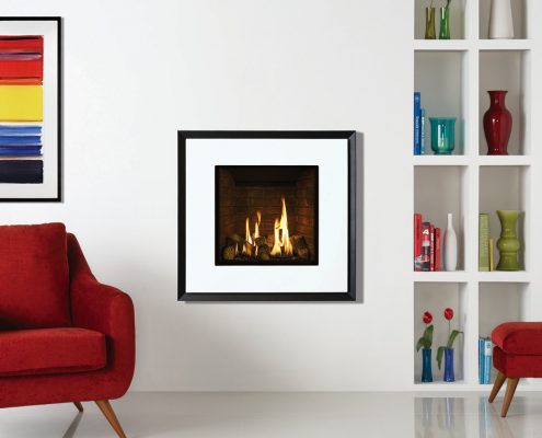 Gazco Riva2 530 Evoke Glass in White Gloss with Graphite rear and Brick-effect lining