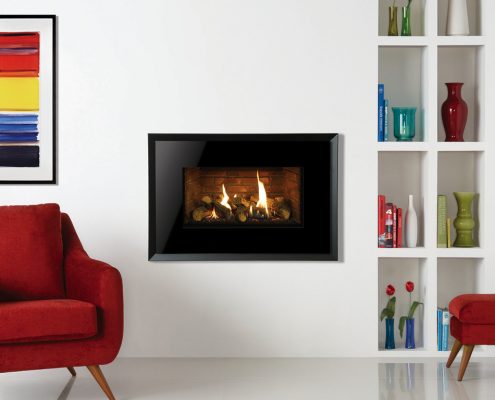 Gazco Riva2 670 Evoke Glass gas fire in Black Glass with Graphite rear and Brick-effect lining