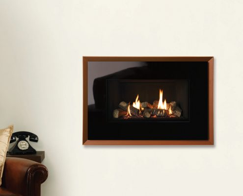 Gazco Riva2 670 Evoke Glass gas fire in Black Glass with Metallic Bronze rear and Black Reeded lining