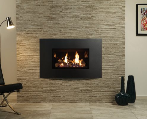 Gazco Riva2 670 Verve XS gas fire in Graphite with Black Glass lining shown with Slate Di Savoia Mosaic Finish Fire Surround Tiles