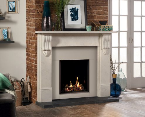 Gazco Riva2 600HL Edge gas fire with EchoFlame Black Glass lining. Shown with Stovax Victorian Corbel stone mantel
