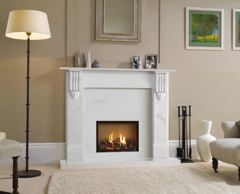 Gazco Riva2 500 Edge gas fire with Vermiculite lining shown with Victorian Corbel mantel in Antique White Marble