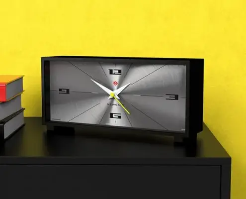 Newgate-clocks-7 Thunderbird Mantel - Mid-Century Modern Mantel Clock | Black & Spun Aluminium Dial