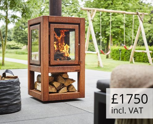 RB73 Quaruba XL Mobile- CorTen steel wood stove with 4 sided glass - Price £1750
