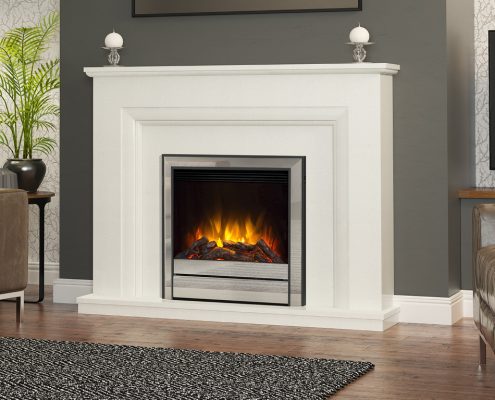 Elgin & Hall - 50” Amorina elec- tric fireplace in White micro marble complete with the Pryzm electric fire