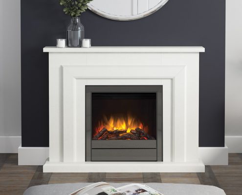 Elgin & Hall - 48” Farnham electric fireplace in White mi- cro marble complete with a 22” Chollerton electric fire finished in Black Nickel