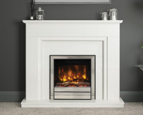 Elgin & Hall - 52” Willaston elec- tric fireplace in White micro marble with Grey slip complete with 22” Pryzm electric fire with Chollerton fascia in Chrome