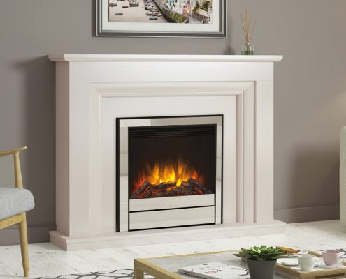 Elgin & Hall - 52” Amorina elec- tric fireplace in Cashmere paint- ed finish with the Pryzm 5D 750P electric fire