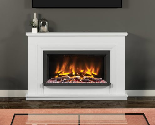 Elgin & Hall - 50” Lavina electric fireplace in Ash White paint- ed finish with the Pryzm 5D 750 electric fire