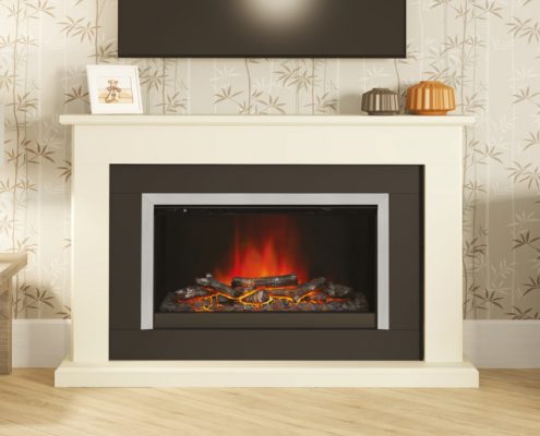 Elgin & Hall - 52” Wellsford elec- tric fireplace in Soft White paint- ed finish with Anthracite back panel complete with widescreen electric fire and Brushed Steel trim