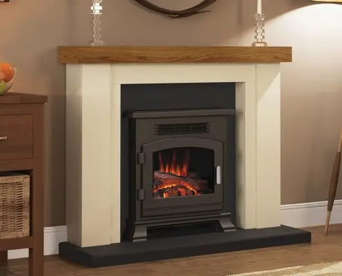 Elgin & Hall - 46” Bracken elec- tric fireplace in Ivory & Anthoc- ite White painted finish featuring a Country Oak top complete with Banbury electric stove
