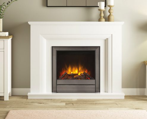 Elgin & Hall - 50” Amorina elec- tric fireplace in Ash White paint- ed finish with 22” Chollerton electric fire in Black Nickel