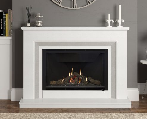 Elgin & Hall - 52” Cassius gas fireplace in White & Grey slip micro marble complete with the Elsie 950 widescreen gas fire