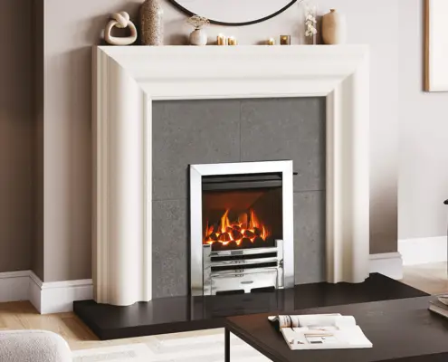 Logic HE fire with Coal-effect Fuel bed, Polished Chrome Arts front Polished Stainless Steel Box Profile