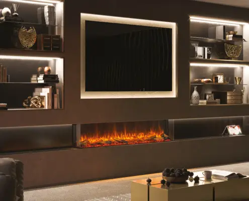 Media Wall Fires - eReflex 195RW with Oak Log effect shown as three sided installation