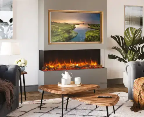 Media Wall Fires - eReflex 150RW with log Fuel Effect Shown as 3 Sided Installation