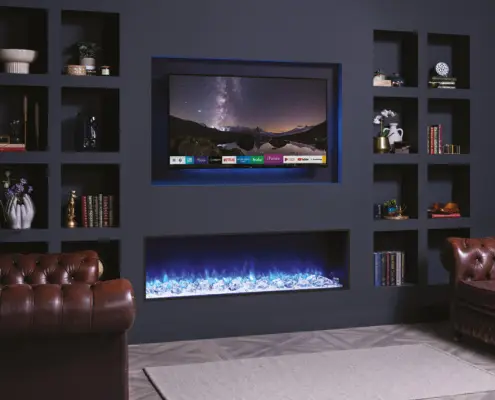Media Wall Fires - eReflex 150RW with log Fuel Effect Shown as Inset Installation