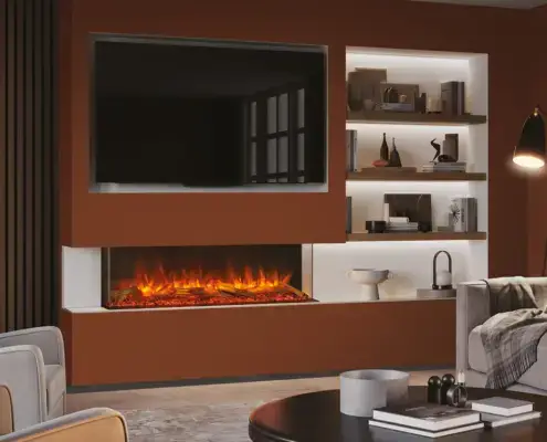 Media Wall Fires - eReflex 135RW with Oak Log effect shown as three sided installation