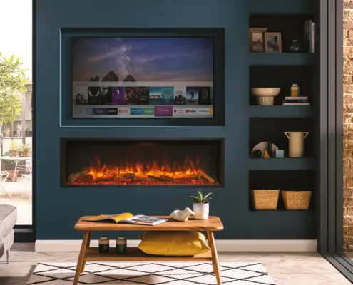 Media Wall Fires - eReflex 135RW with log Fuel Effect Shown as Inset Installation