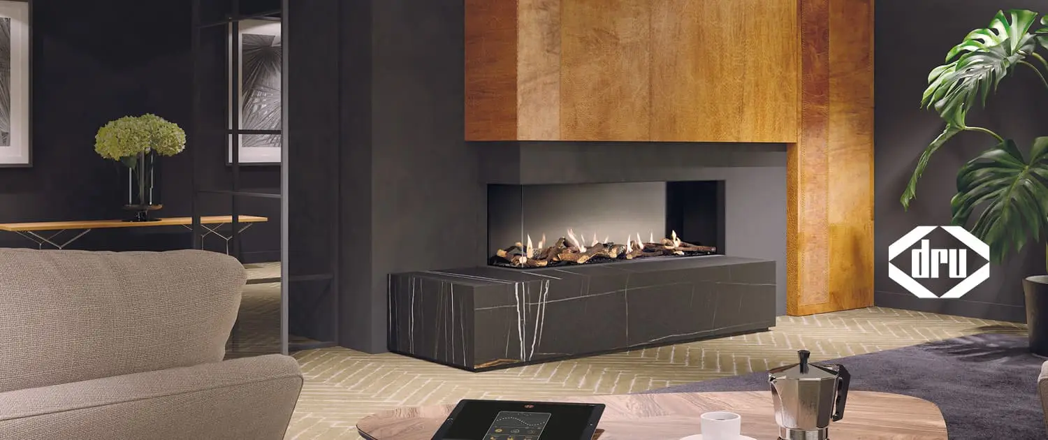 DRU Metro 130XT2 corner gas fire from authorised DRU and Dik Geurts retailers Focus Fireplaces and Stoves York
